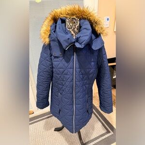 Quilted Blue womens Jacket with Faux Fur Trim size xl, color dark blue preowned